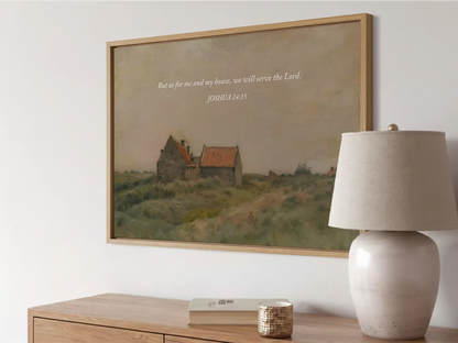 Declare your family's faith with this inspiring Christian wall art. This framed print features a warm, rustic house painting paired with the powerful promise from Joshua 24:15: "But as for me and my house, we will serve the Lord."