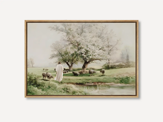 Invite the profound comfort of Christ's presence into your home with this inspiring Christian wall art. This framed print features a beautiful, classic painting of Jesus as the Good Shepherd tending his flock by still waters.