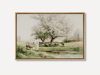 Invite the profound comfort of Christ's presence into your home with this inspiring Christian wall art. This framed print features a beautiful, classic painting of Jesus as the Good Shepherd tending his flock by still waters.