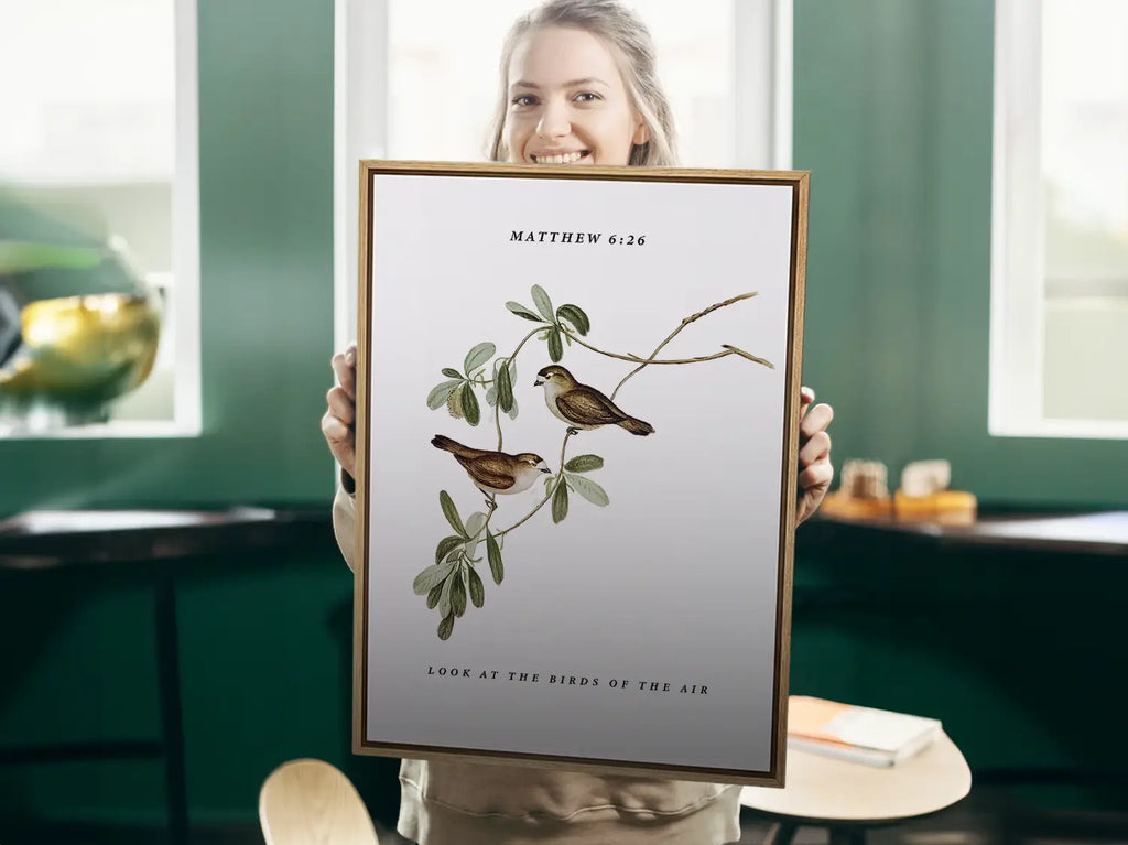 Invite the gentle wisdom of God's perfect care into your home with this inspiring Christian canvas wall art. This framed canvas print features a beautiful botanical illustration of birds, paired with the comforting teaching from Matthew 6:26 to trust in Divine provision.