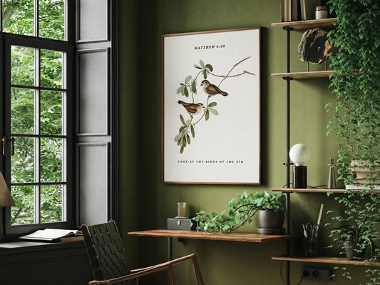 Invite the gentle wisdom of God's perfect care into your home with this inspiring Christian canvas wall art. This framed canvas print features a beautiful botanical illustration of birds, paired with the comforting teaching from Matthew 6:26 to trust in Divine provision.