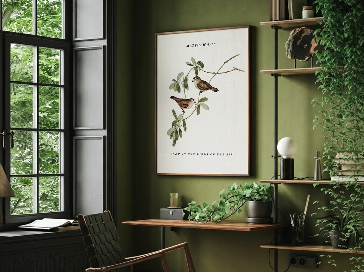Vintage botanical Christian scripture print with birds and leaves