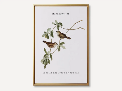 Invite the gentle wisdom of God's perfect care into your home with this inspiring Christian canvas wall art. This framed canvas print features a beautiful botanical illustration of birds, paired with the comforting teaching from Matthew 6:26 to trust in Divine provision.