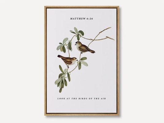 Invite the gentle wisdom of God's perfect care into your home with this inspiring Christian canvas wall art. This framed canvas print features a beautiful botanical illustration of birds, paired with the comforting teaching from Matthew 6:26 to trust in Divine provision.