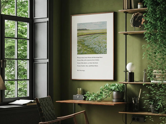 Fill your home with a daily song of praise with this inspiring Christian canvas wall art. This framed canvas print features a peaceful field painting paired with the iconic lyrics of The Doxology, celebrating God's blessing.