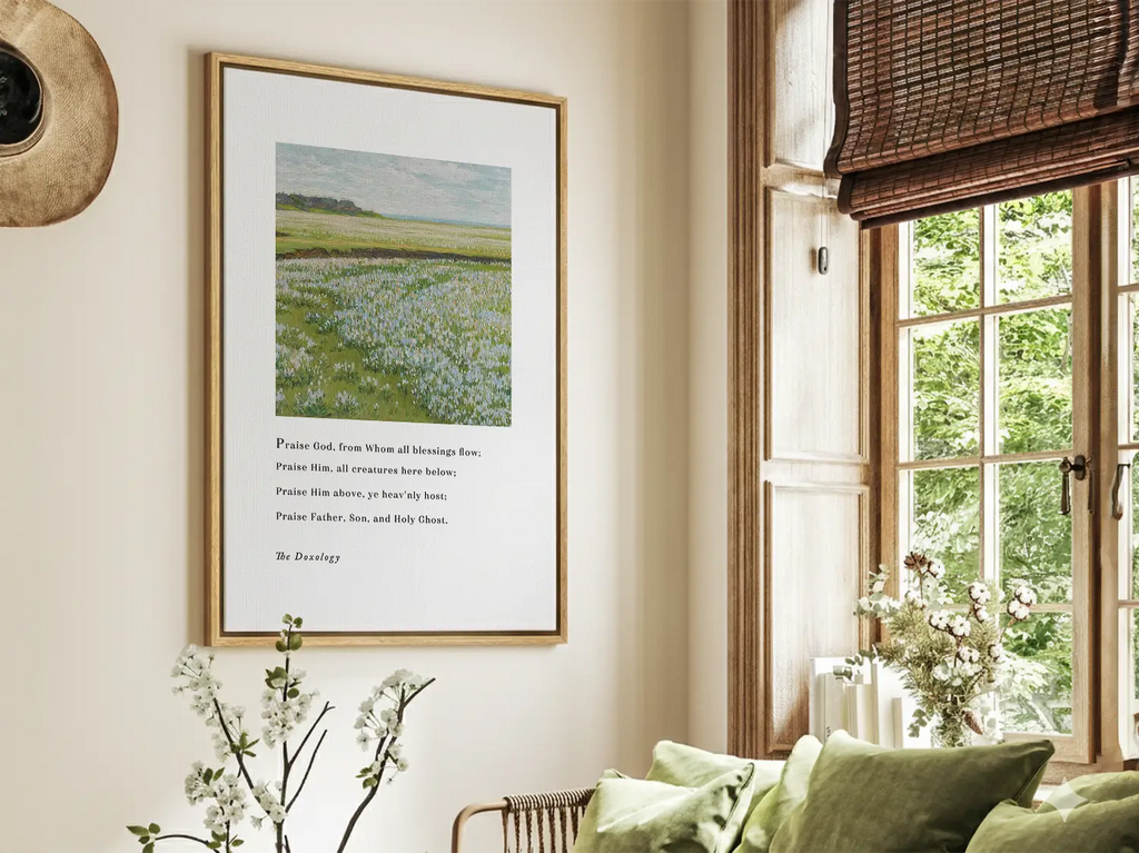 Close-up of premium Christian canvas print with The Doxology hymn text and impressionist floral landscape