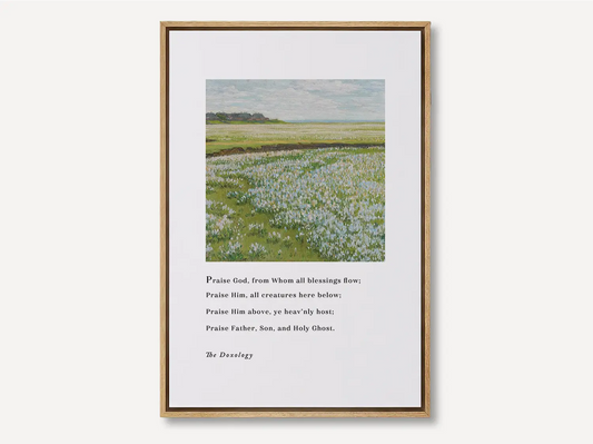 Fill your home with a daily song of praise with this inspiring Christian canvas wall art. This framed canvas print features a peaceful field painting paired with the iconic lyrics of The Doxology, celebrating God's blessing.