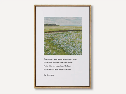 Fill your home with a daily song of praise with this inspiring Christian canvas wall art. This framed canvas print features a peaceful field painting paired with the iconic lyrics of The Doxology, celebrating God's blessing.