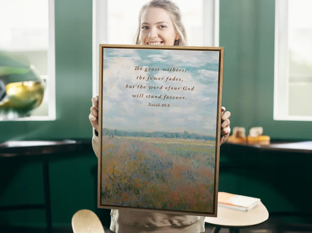 Anchor your hope in unchanging truth with this inspiring Christian canvas wall art. This framed canvas print features a beautiful, vivid field painting paired with the powerful promise from Isaiah 40:8: "The word of our God will stand forever."