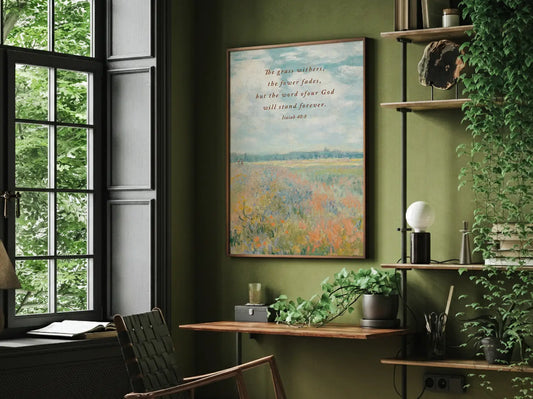 Anchor your hope in unchanging truth with this inspiring Christian canvas wall art. This framed canvas print features a beautiful, vivid field painting paired with the powerful promise from Isaiah 40:8: "The word of our God will stand forever."