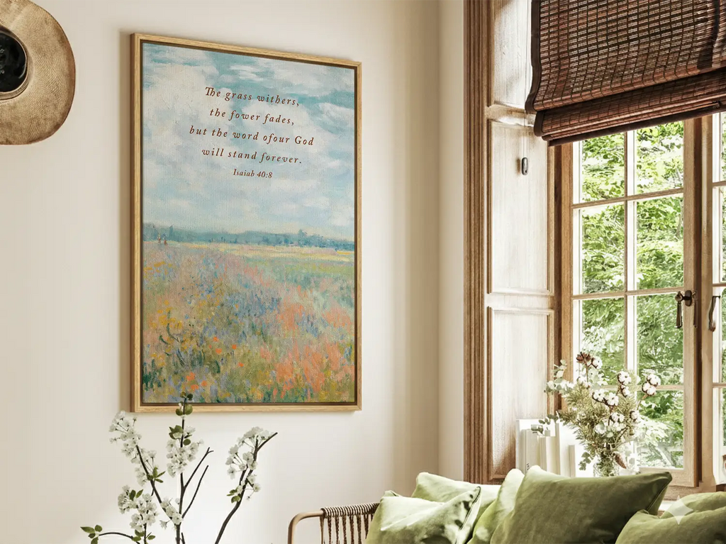 Framed Christian canvas wall art with Isaiah 40:8 scripture in living room