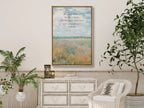 Anchor your hope in unchanging truth with this inspiring Christian canvas wall art. This framed canvas print features a beautiful, vivid field painting paired with the powerful promise from Isaiah 40:8: "The word of our God will stand forever."