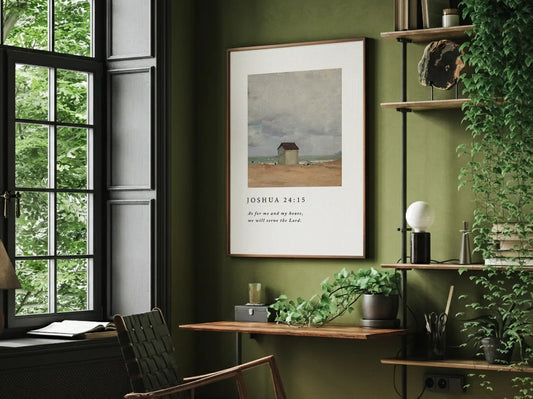 Declare your family's commitment to faith with this inspiring Christian canvas wall art. This framed canvas print features a classic coastal cottage painting paired with the powerful promise from Joshua 24:15: "As for me and my house, we will serve the Lord."