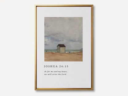 Declare your family's commitment to faith with this inspiring Christian canvas wall art. This framed canvas print features a classic coastal cottage painting paired with the powerful promise from Joshua 24:15: "As for me and my house, we will serve the Lord."