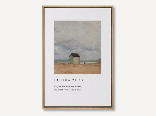 Declare your family's commitment to faith with this inspiring Christian canvas wall art. This framed canvas print features a classic coastal cottage painting paired with the powerful promise from Joshua 24:15: "As for me and my house, we will serve the Lord."