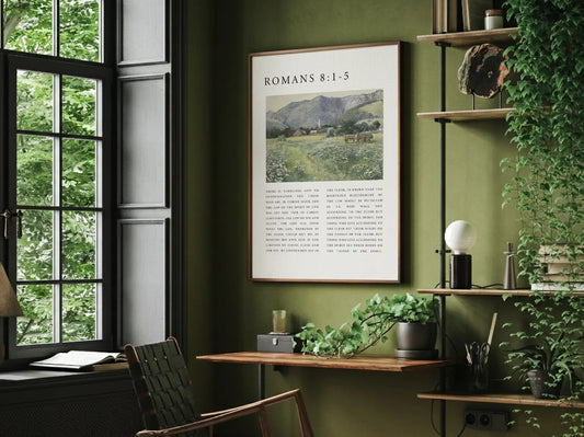 Anchor your home in the freedom and power of the Holy Spirit with this inspiring Christian canvas wall art. This framed canvas print features a peaceful village landscape paired with the foundational truth from Romans 8:1-5 on living by the Spirit.