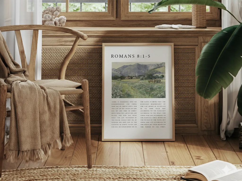 Anchor your home in the freedom and power of the Holy Spirit with this inspiring Christian canvas wall art. This framed canvas print features a peaceful village landscape paired with the foundational truth from Romans 8:1-5 on living by the Spirit.