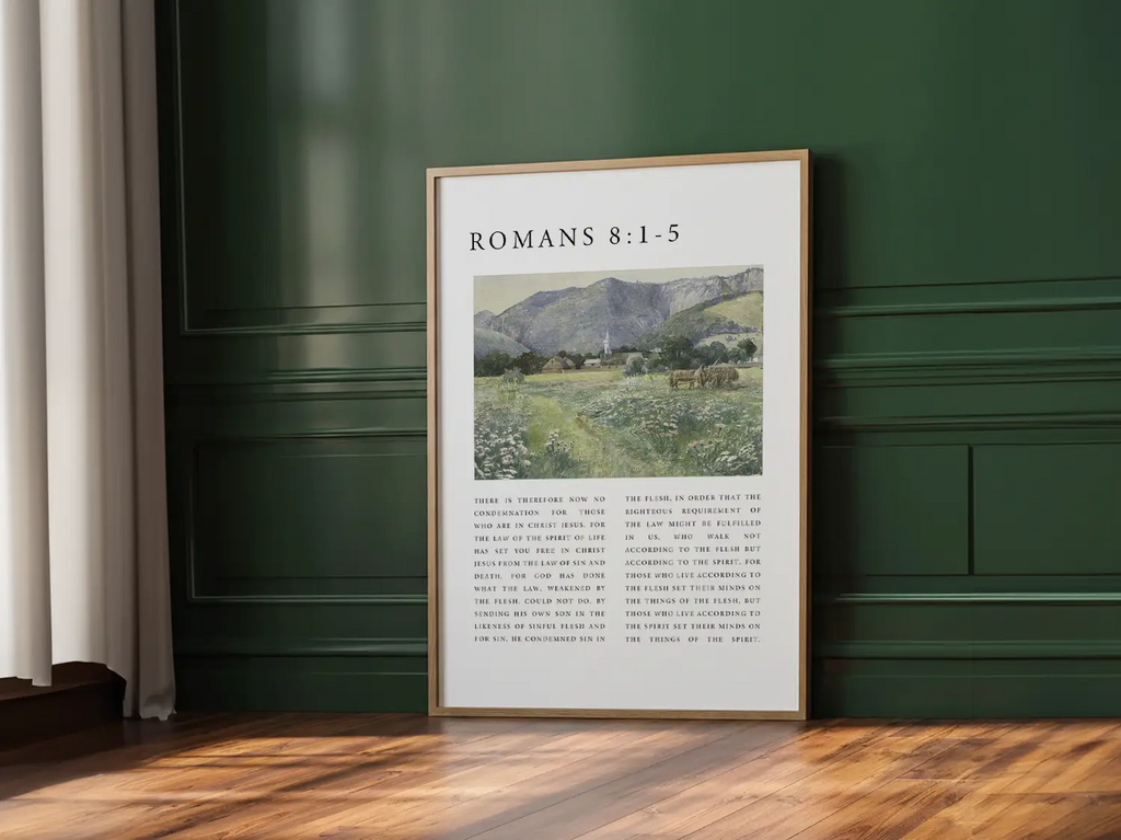 Anchor your home in the freedom and power of the Holy Spirit with this inspiring Christian canvas wall art. This framed canvas print features a peaceful village landscape paired with the foundational truth from Romans 8:1-5 on living by the Spirit.