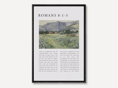 Anchor your home in the freedom and power of the Holy Spirit with this inspiring Christian canvas wall art. This framed canvas print features a peaceful village landscape paired with the foundational truth from Romans 8:1-5 on living by the Spirit.