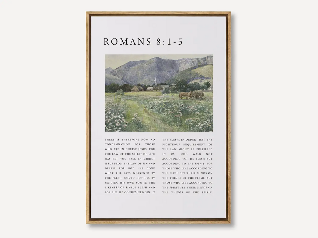 Christian canvas wall art featuring Romans 8:1–5 with a peaceful countryside landscape and scripture text about the Spirit of life.