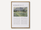Christian canvas wall art featuring Romans 8:1–5 with a peaceful countryside landscape and scripture text about the Spirit of life.