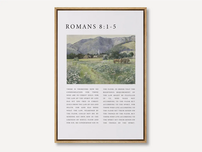 Anchor your home in the freedom and power of the Holy Spirit with this inspiring Christian canvas wall art. This framed canvas print features a peaceful village landscape paired with the foundational truth from Romans 8:1-5 on living by the Spirit.