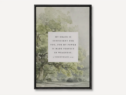 Find strength in surrender with this inspiring Christian canvas wall art. This framed canvas print features a calming tree painting paired with the powerful promise from 2 Corinthians 12:9: "My grace is sufficient for you, for my power is made perfect in weakness."