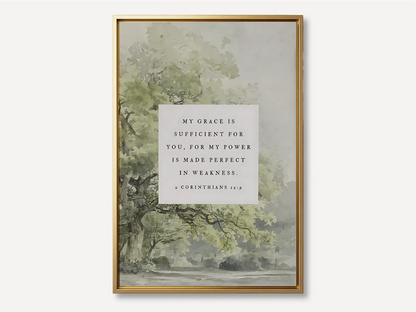 Find strength in surrender with this inspiring Christian canvas wall art. This framed canvas print features a calming tree painting paired with the powerful promise from 2 Corinthians 12:9: "My grace is sufficient for you, for my power is made perfect in weakness."