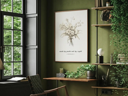 Anchor your life in trust with this inspiring Christian canvas wall art. This framed canvas print features an elegant floral sketch paired with the guiding scripture from 2 Corinthians 5:7: "Walk by faith not by sight."