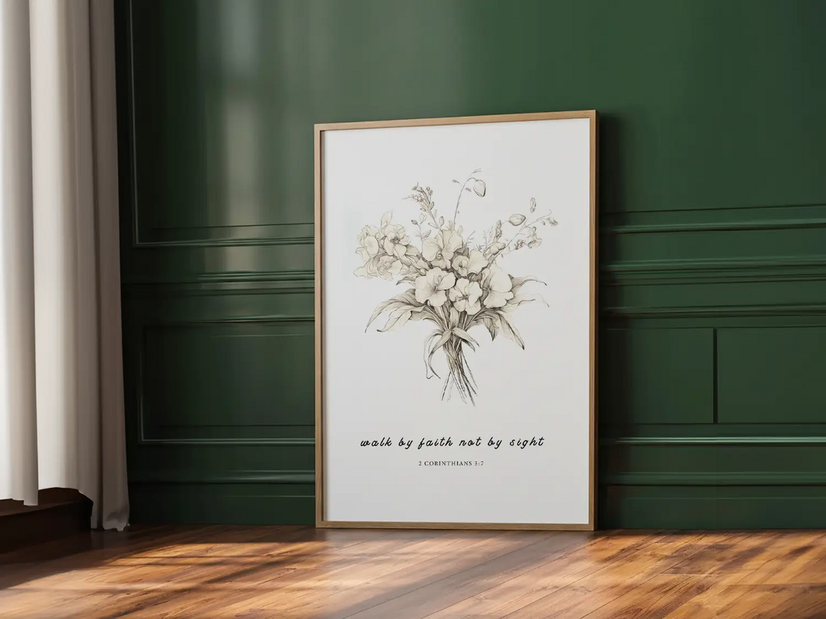 Anchor your life in trust with this inspiring Christian canvas wall art. This framed canvas print features an elegant floral sketch paired with the guiding scripture from 2 Corinthians 5:7: "Walk by faith not by sight."