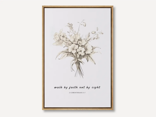 Anchor your life in trust with this inspiring Christian canvas wall art. This framed canvas print features an elegant floral sketch paired with the guiding scripture from 2 Corinthians 5:7: "Walk by faith not by sight."