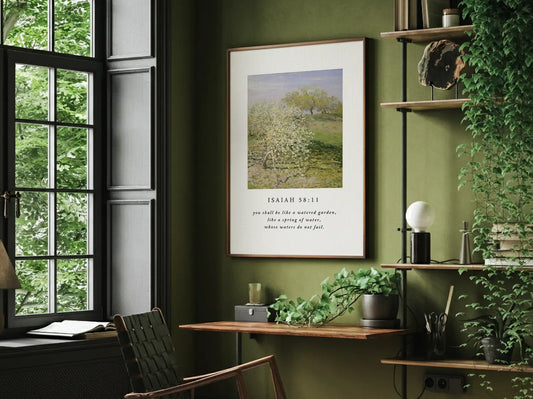 Invite the promise of unending provision into your home with this inspiring Christian canvas wall art. This framed canvas print features a beautiful orchard painting paired with the comforting promise from Isaiah 58:11 that you shall be like a "watered garden."