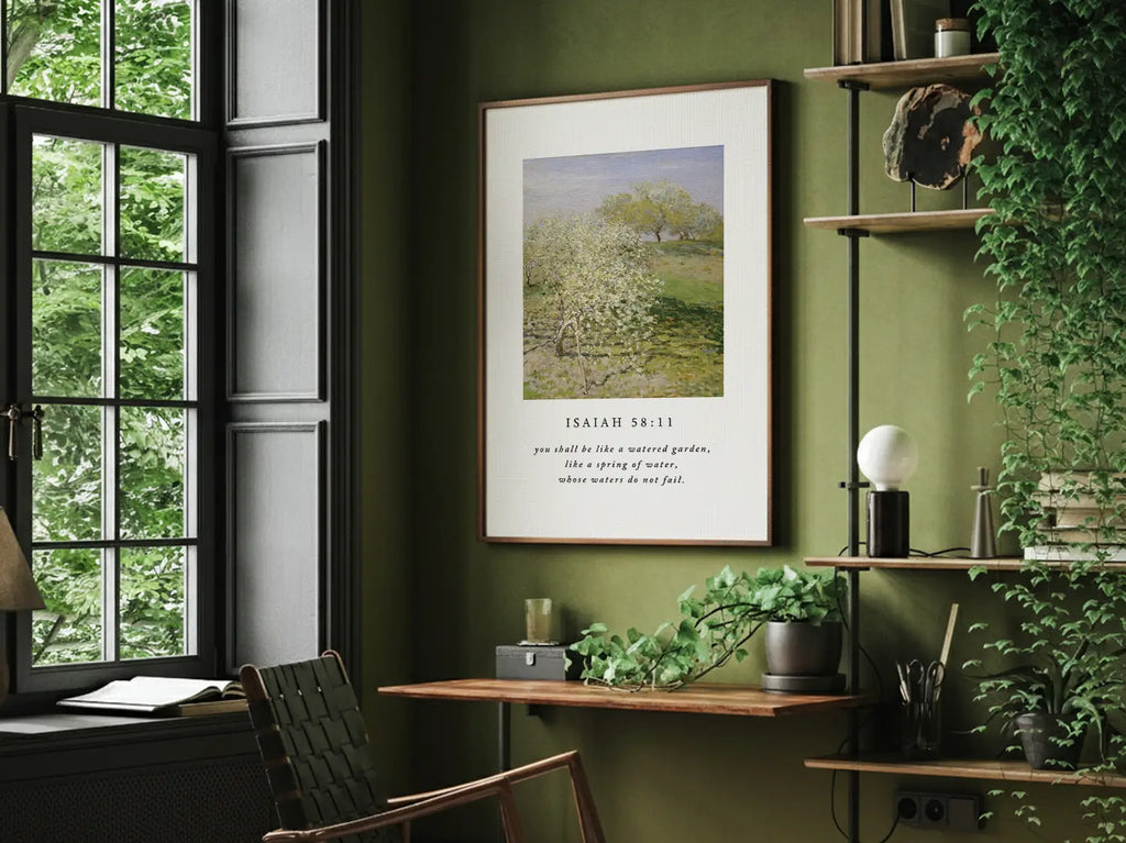 Christian scripture canvas print inspired by a watered garden hanging in a study