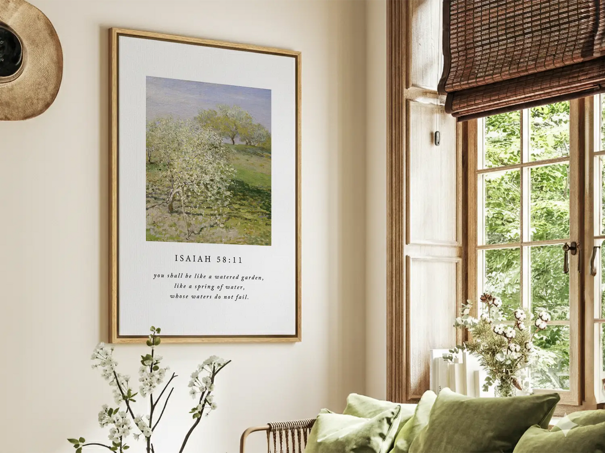 Framed Isaiah 58:11 Christian wall art displayed in a peaceful living room