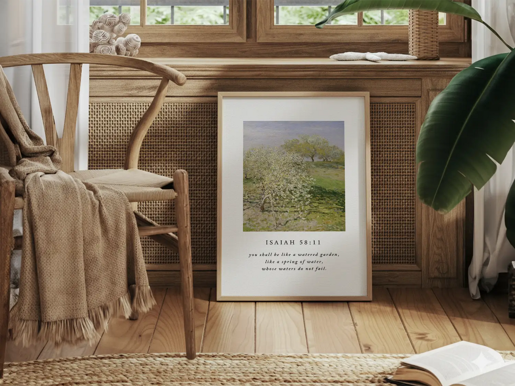 Faith-based orchard landscape wall art with Bible verse Isaiah 58:11