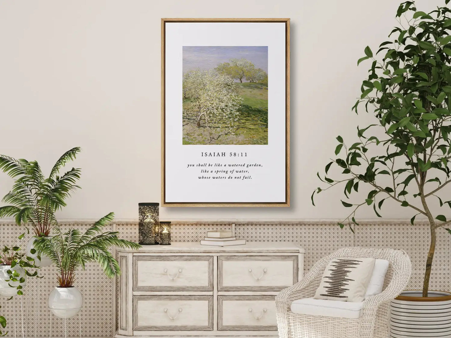 Invite the promise of unending provision into your home with this inspiring Christian canvas wall art. This framed canvas print features a beautiful orchard painting paired with the comforting promise from Isaiah 58:11 that you shall be like a "watered garden."
