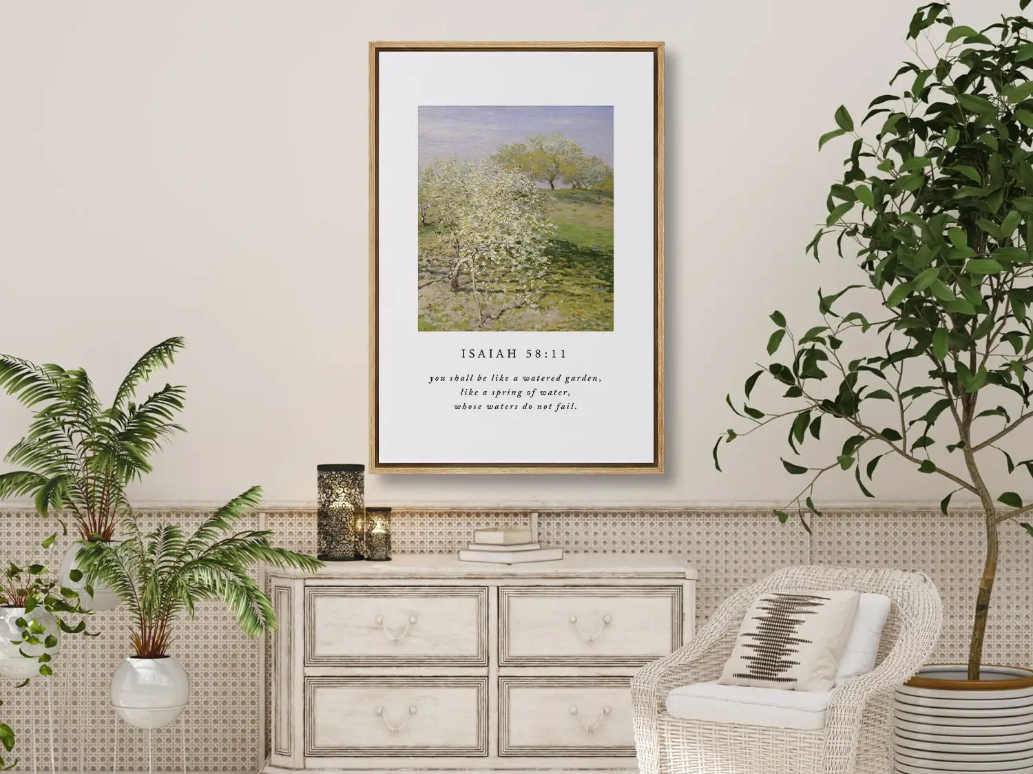 Invite the promise of unending provision into your home with this inspiring Christian canvas wall art. This framed canvas print features a beautiful orchard painting paired with the comforting promise from Isaiah 58:11 that you shall be like a "watered garden."