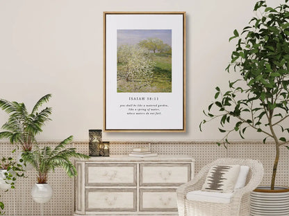 Invite the promise of unending provision into your home with this inspiring Christian canvas wall art. This framed canvas print features a beautiful orchard painting paired with the comforting promise from Isaiah 58:11 that you shall be like a "watered garden."