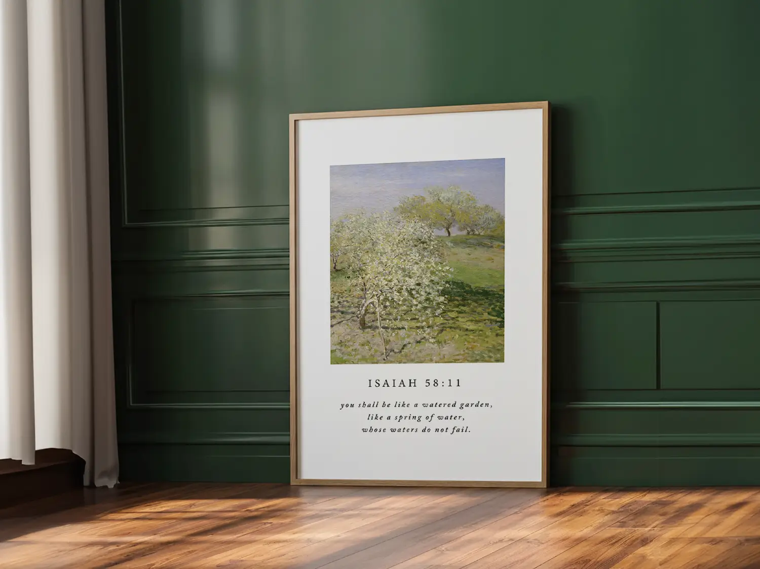 Invite the promise of unending provision into your home with this inspiring Christian canvas wall art. This framed canvas print features a beautiful orchard painting paired with the comforting promise from Isaiah 58:11 that you shall be like a "watered garden."