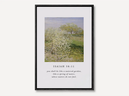 Invite the promise of unending provision into your home with this inspiring Christian canvas wall art. This framed canvas print features a beautiful orchard painting paired with the comforting promise from Isaiah 58:11 that you shall be like a "watered garden."