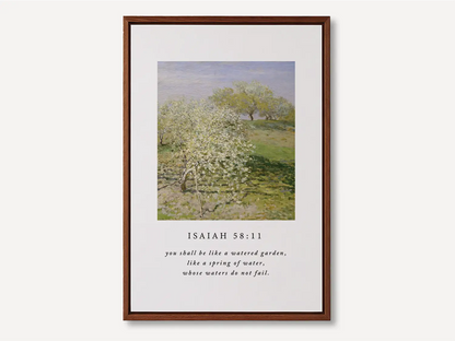 Invite the promise of unending provision into your home with this inspiring Christian canvas wall art. This framed canvas print features a beautiful orchard painting paired with the comforting promise from Isaiah 58:11 that you shall be like a "watered garden."