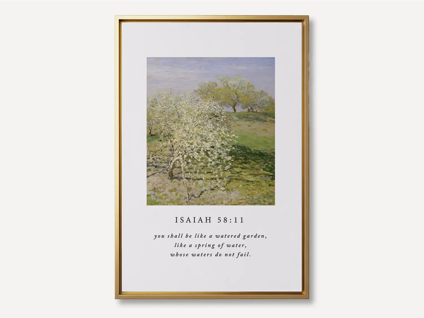 Invite the promise of unending provision into your home with this inspiring Christian canvas wall art. This framed canvas print features a beautiful orchard painting paired with the comforting promise from Isaiah 58:11 that you shall be like a "watered garden."