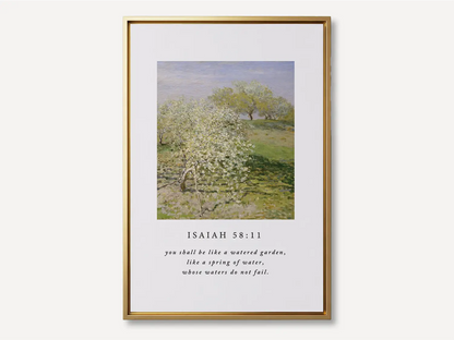 Invite the promise of unending provision into your home with this inspiring Christian canvas wall art. This framed canvas print features a beautiful orchard painting paired with the comforting promise from Isaiah 58:11 that you shall be like a "watered garden."