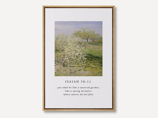 Invite the promise of unending provision into your home with this inspiring Christian canvas wall art. This framed canvas print features a beautiful orchard painting paired with the comforting promise from Isaiah 58:11 that you shall be like a "watered garden."