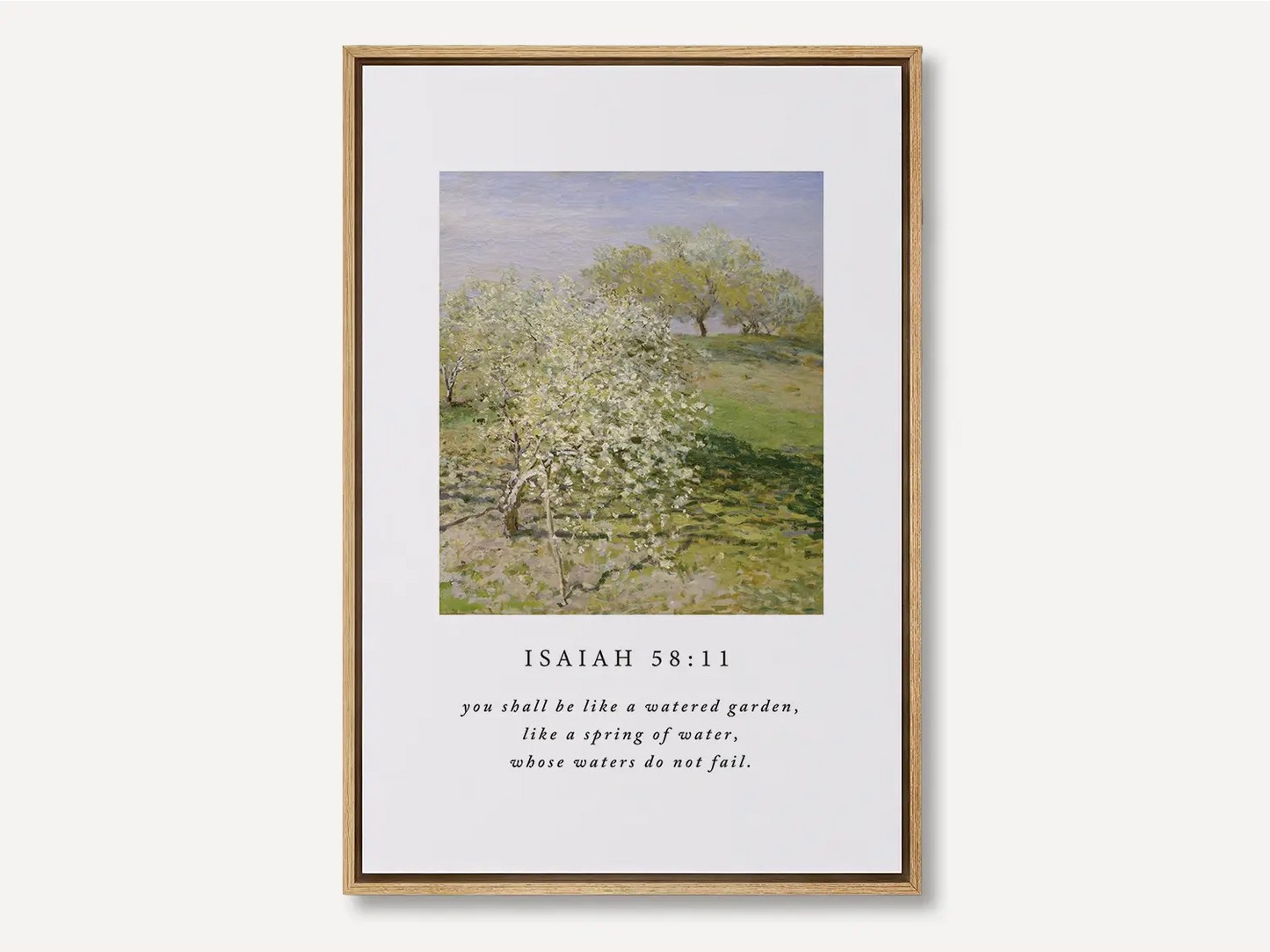 Invite the promise of unending provision into your home with this inspiring Christian canvas wall art. This framed canvas print features a beautiful orchard painting paired with the comforting promise from Isaiah 58:11 that you shall be like a "watered garden."
