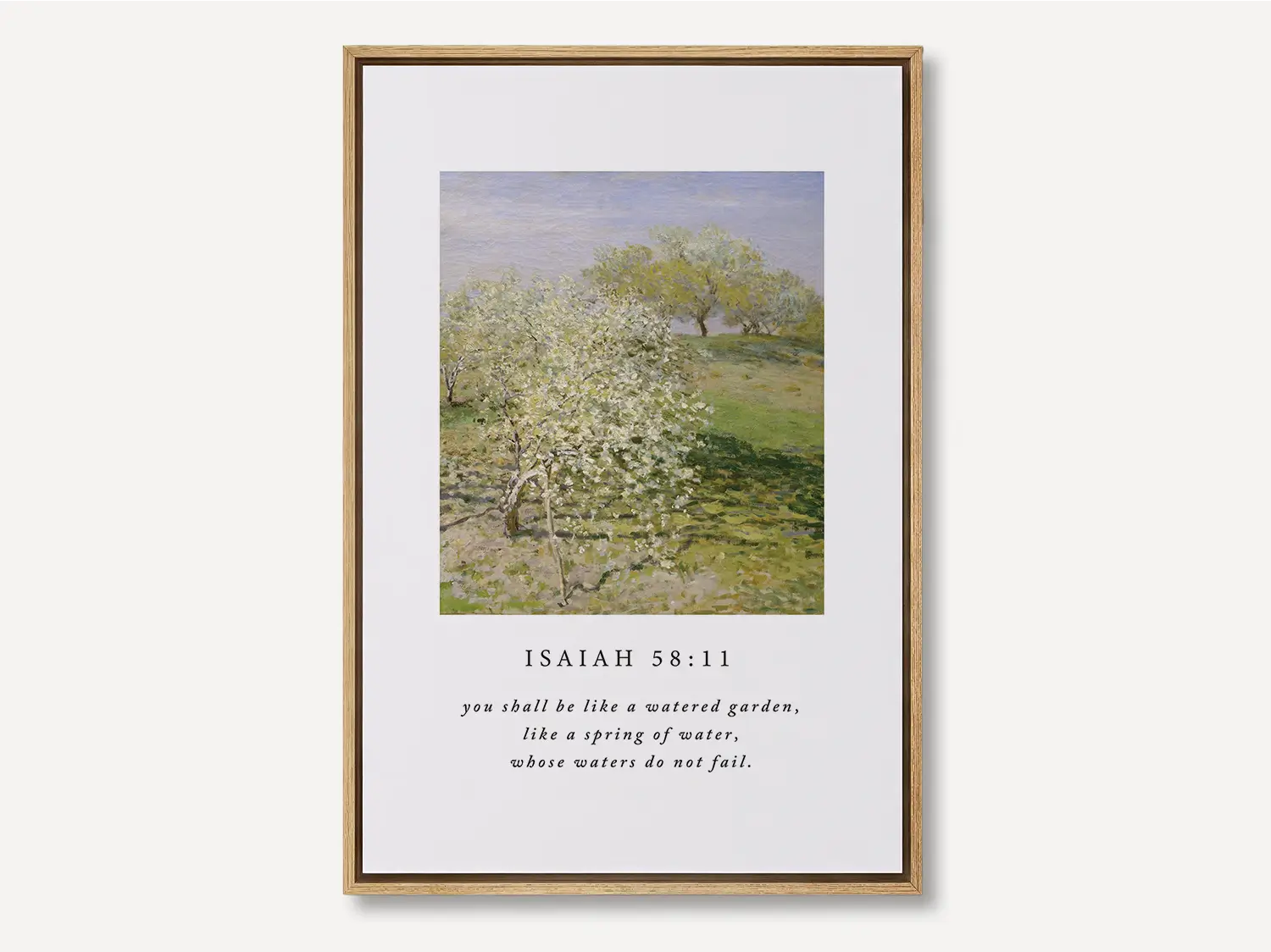 Invite the promise of unending provision into your home with this inspiring Christian canvas wall art. This framed canvas print features a beautiful orchard painting paired with the comforting promise from Isaiah 58:11 that you shall be like a "watered garden."