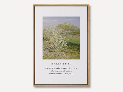 Invite the promise of unending provision into your home with this inspiring Christian canvas wall art. This framed canvas print features a beautiful orchard painting paired with the comforting promise from Isaiah 58:11 that you shall be like a "watered garden."