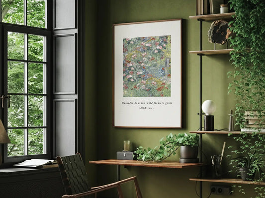 Invite the gentle wisdom of God's perfect care into your home with this inspiring Christian canvas wall art. This framed canvas print features a beautiful field of flowers and the comforting teaching from Luke 12:27: "Consider how the wild flowers grow."