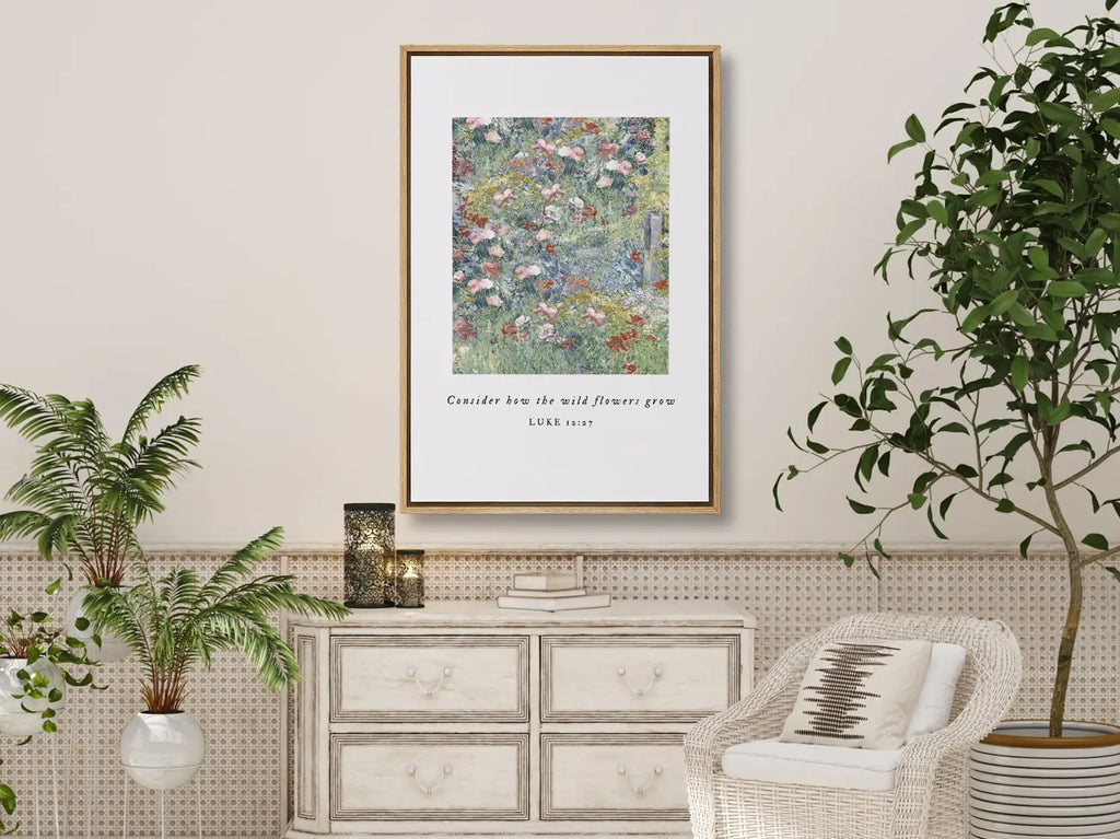 Invite the gentle wisdom of God's perfect care into your home with this inspiring Christian canvas wall art. This framed canvas print features a beautiful field of flowers and the comforting teaching from Luke 12:27: "Consider how the wild flowers grow."