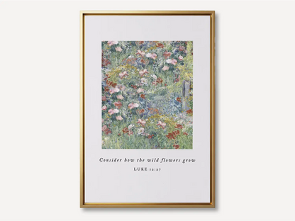Invite the gentle wisdom of God's perfect care into your home with this inspiring Christian canvas wall art. This framed canvas print features a beautiful field of flowers and the comforting teaching from Luke 12:27: "Consider how the wild flowers grow."